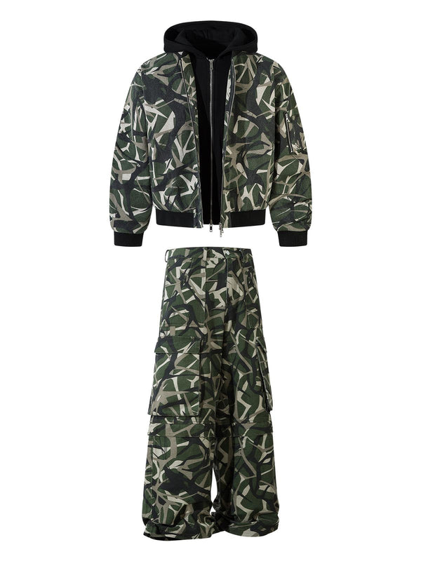 Camouflage Faux Two-piece Hooded Fleece Jacket Tracksuit