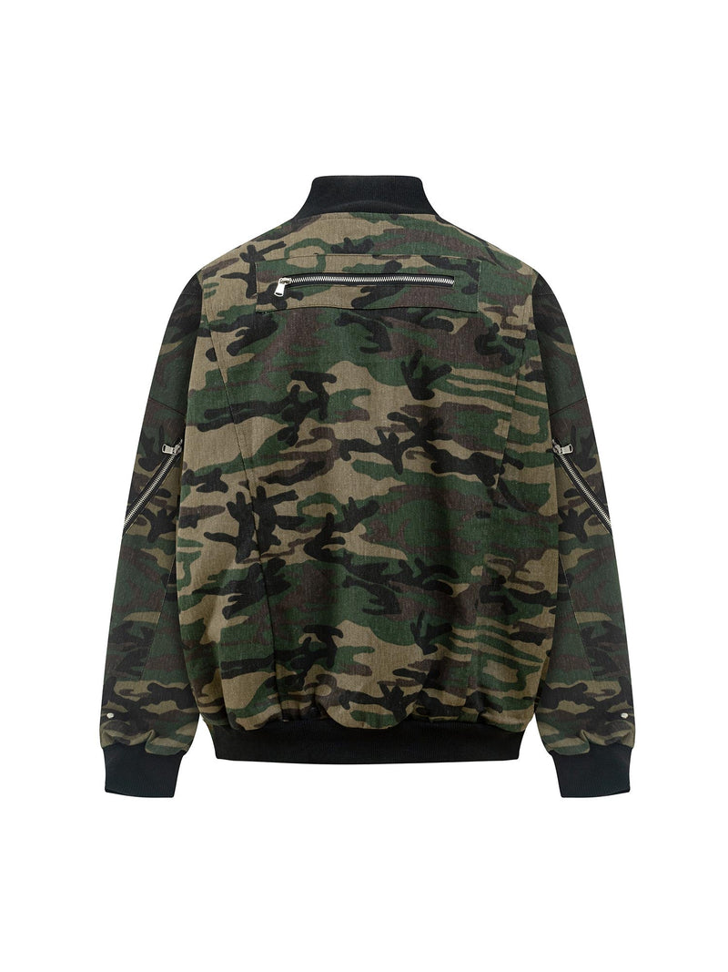 Cargo Camouflage Multi Zipper Bomber Jacket