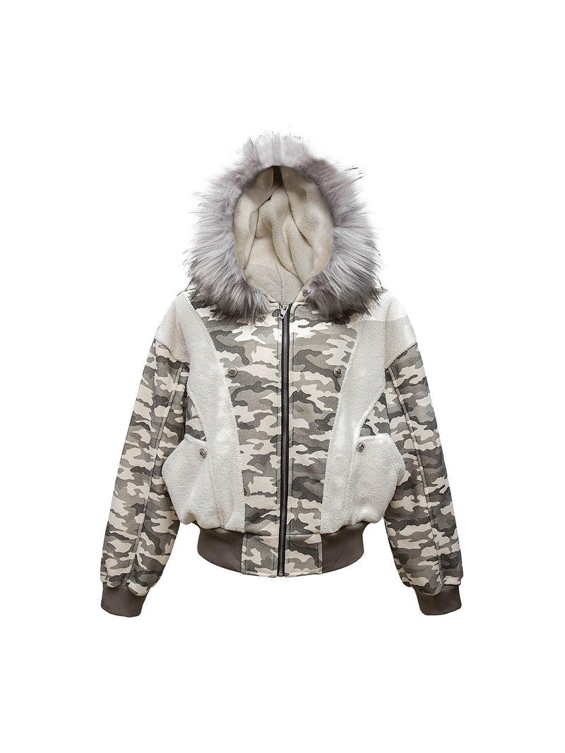 Camouflage Spliced Fur Hooded Fleece Jacket