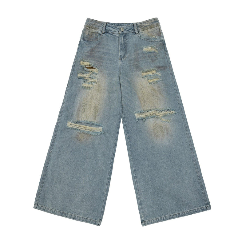 Distressed and Ripped Baggy Jeans with Washed Effect - chiclara