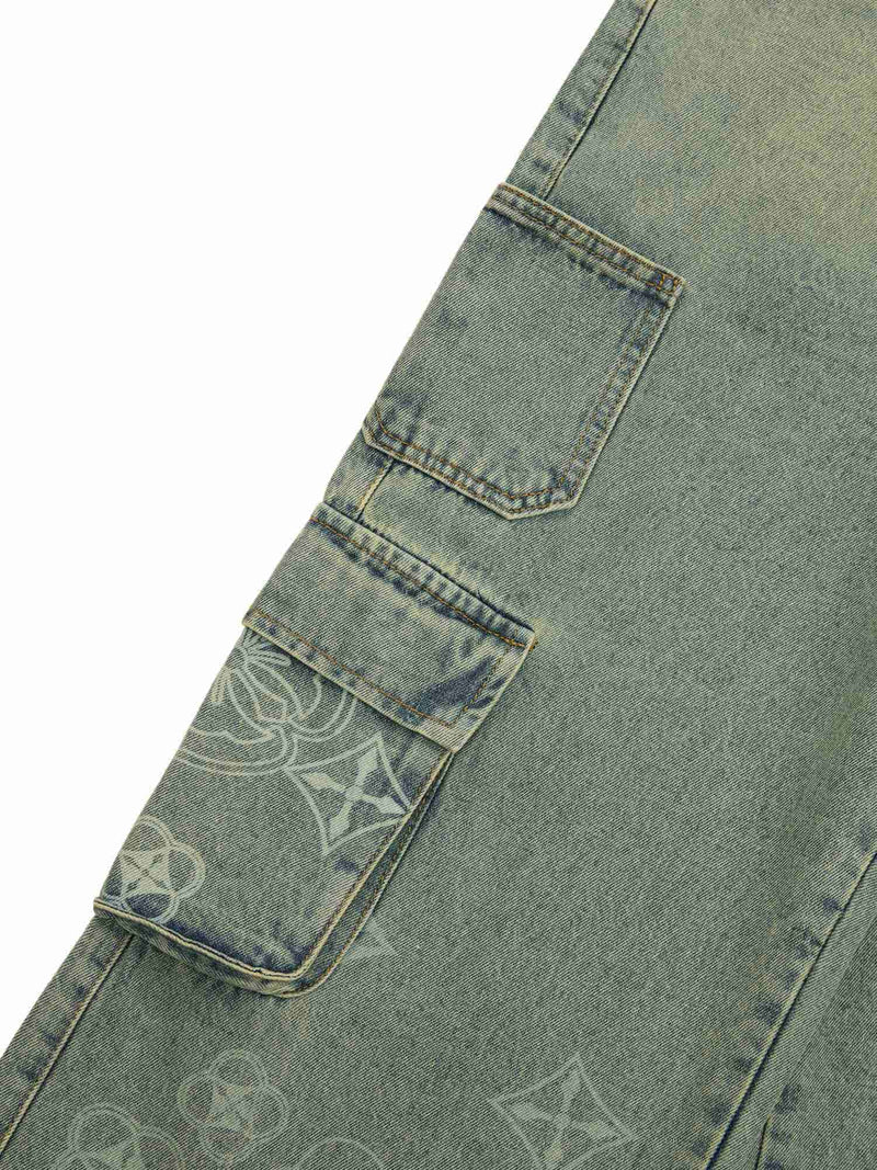 Cross Jacquard Multi Pocket Cargo Jeans