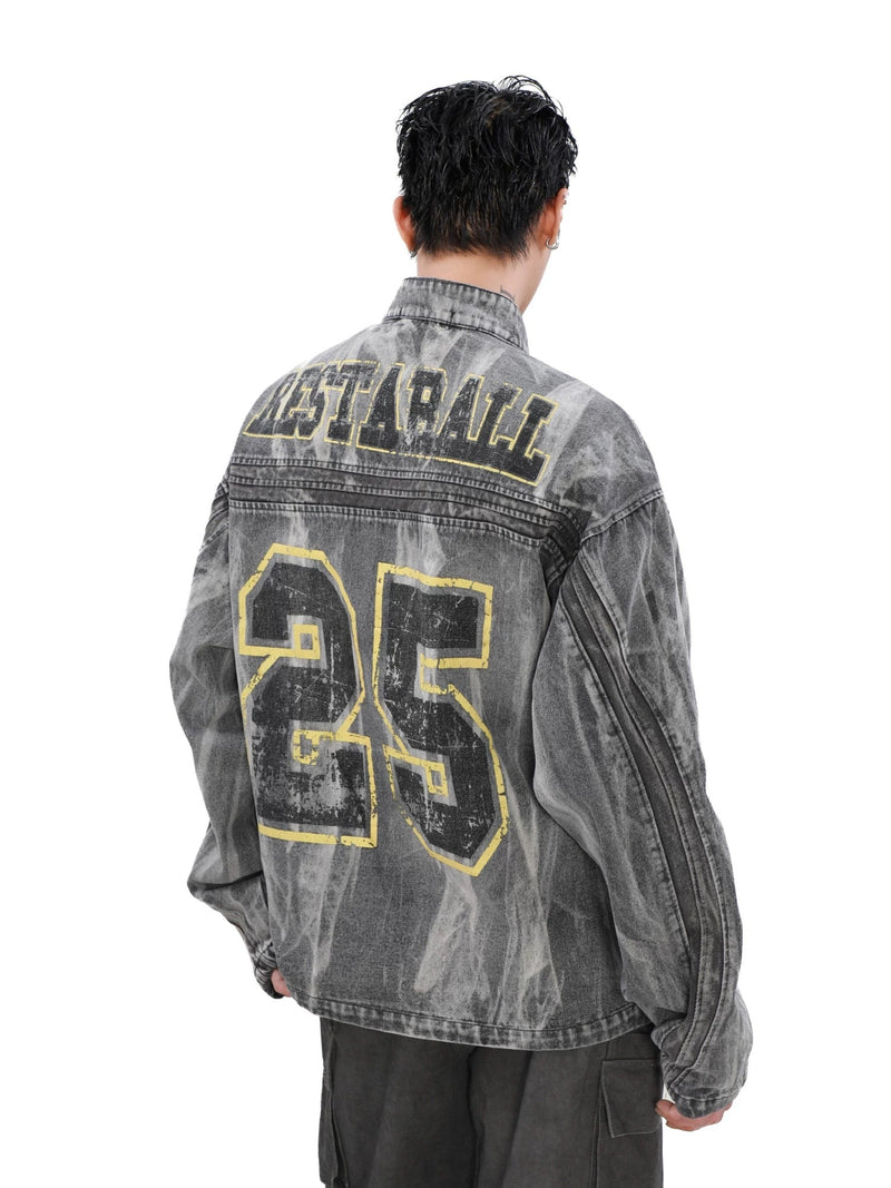 Hip-hop Distressed Washed Printed Denim Jacket