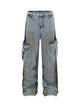 Washed Distressed Pleated Cargo Jeans