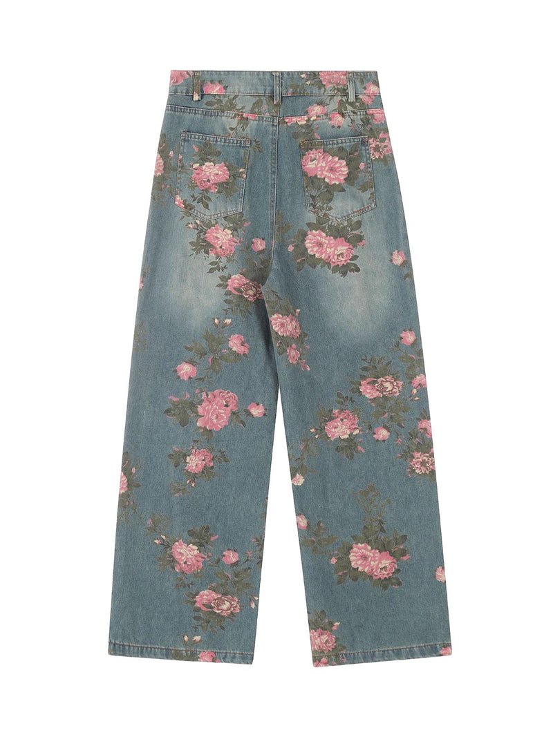 Floral Print Straight Jeans