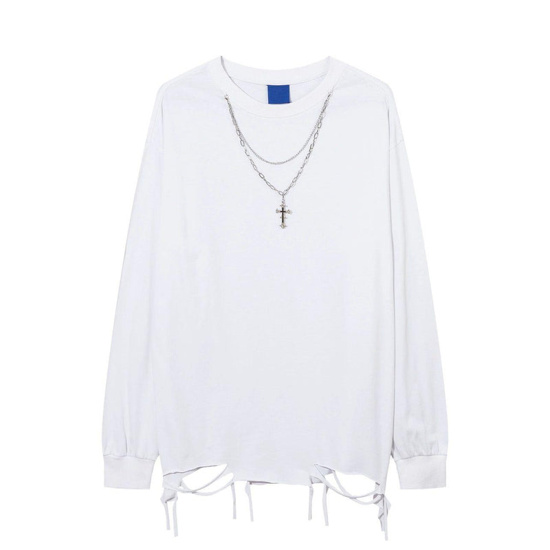 Distressed White Long-Sleeve Tee with Chain Cross Necklace