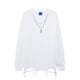 Distressed White Long-Sleeve Tee with Chain Cross Necklace