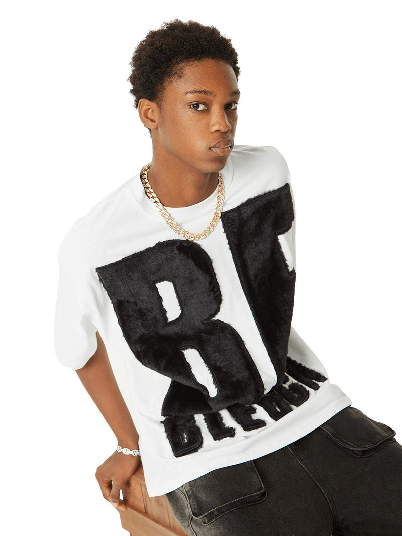 Suede Embroidered Letters Street Rap T-shirt