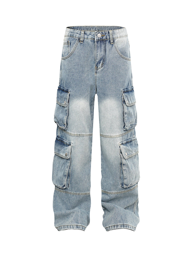 Washed Distressed Multi-Pocket Cargo Jeans