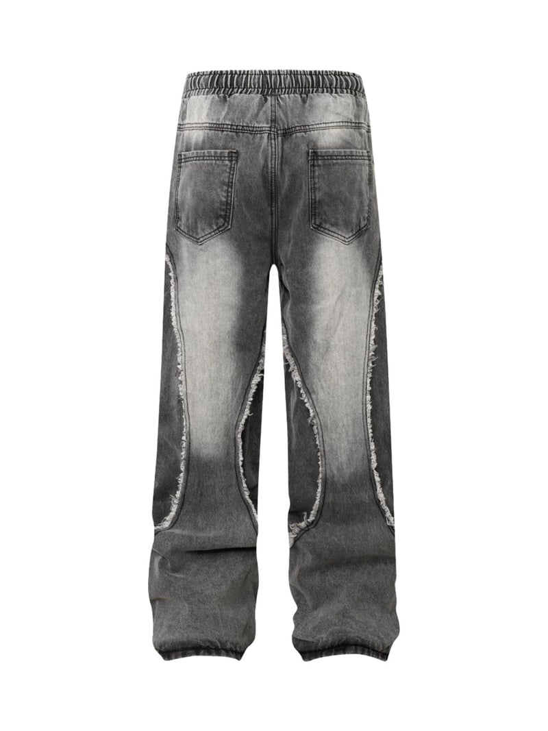 Washed Distressed Raw Edge Drawstring Jeans