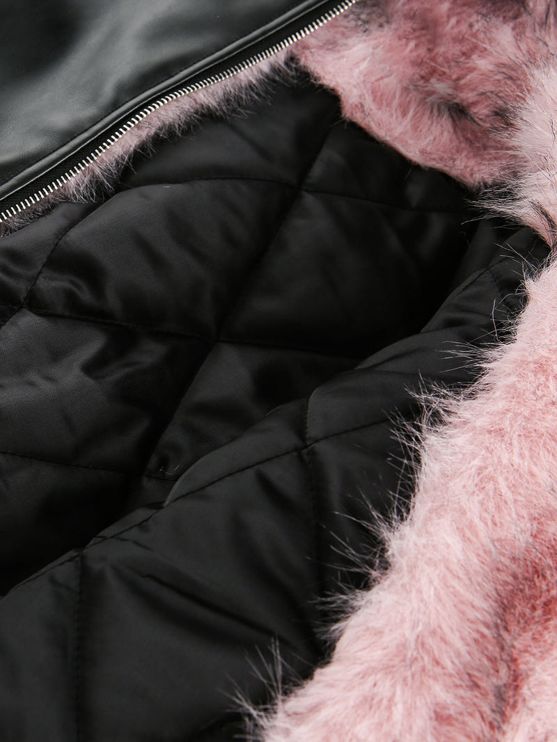 Leather Pink Fur Hooded Quilted Jacket