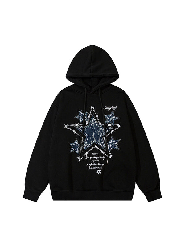 Star Patch Embroidered Hooded Fleece Sweatshirt