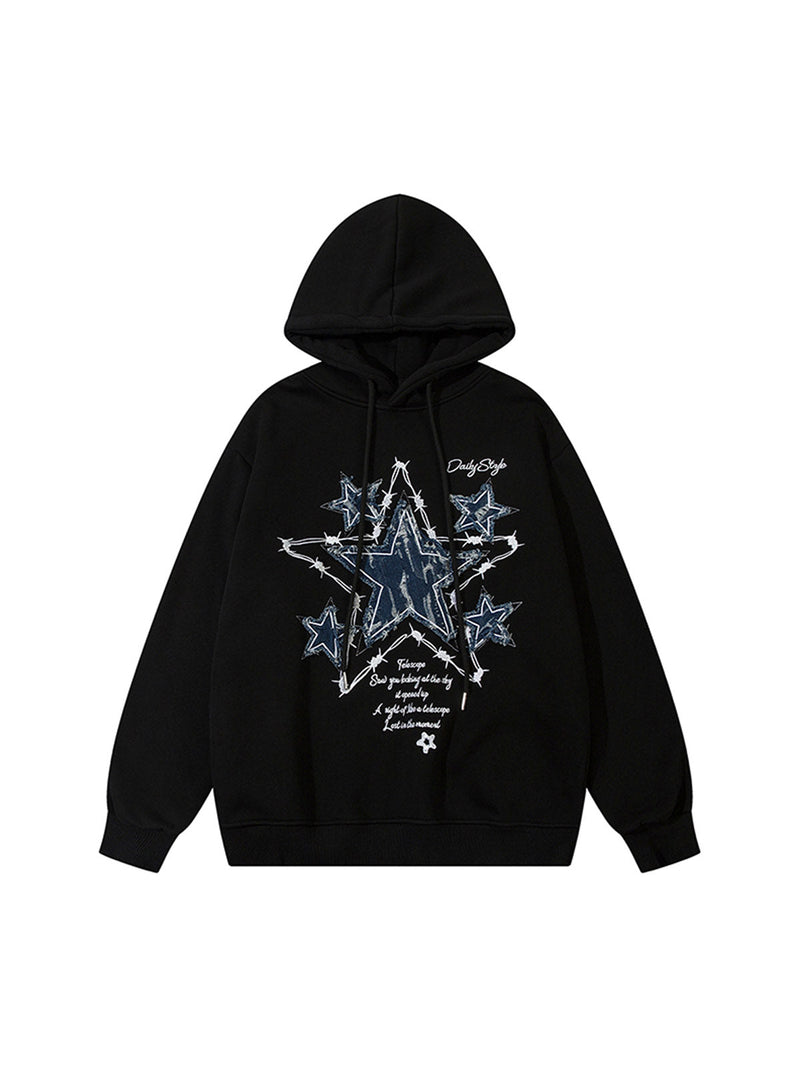 Star Patch Embroidered Hooded Fleece Sweatshirt