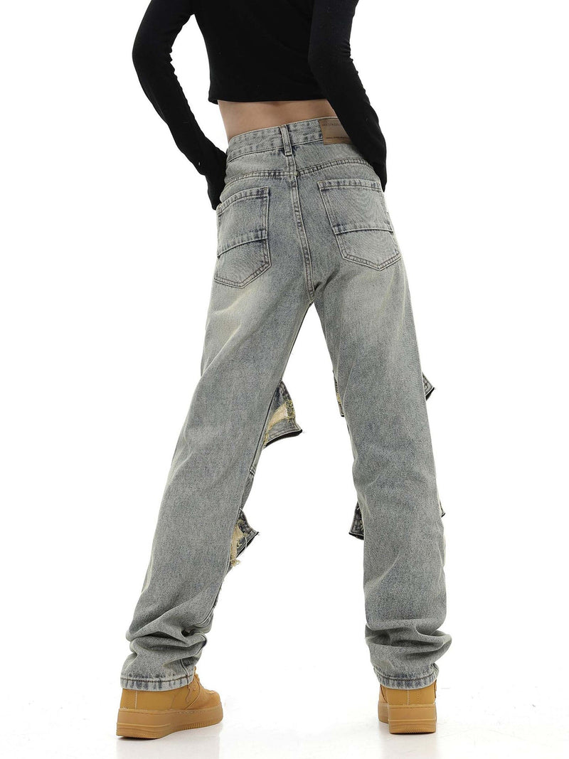 High Street Washed And Torn Work Pockets Denim Pants