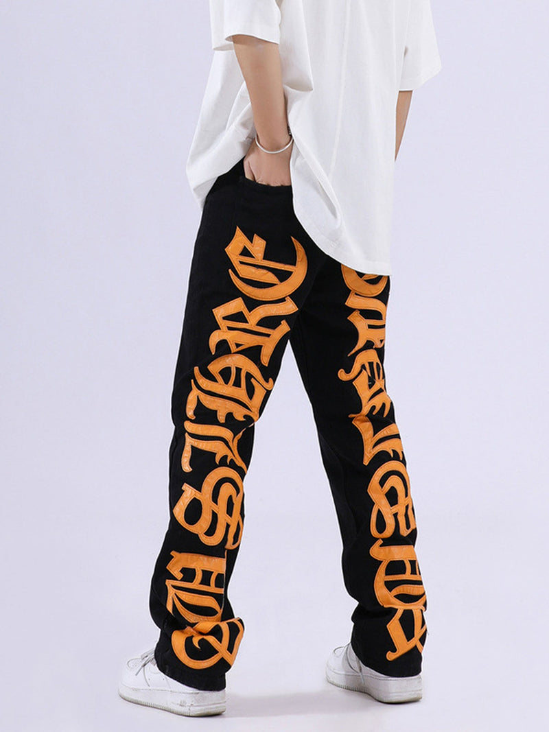 Burning Text Embroidered Letters Jeans