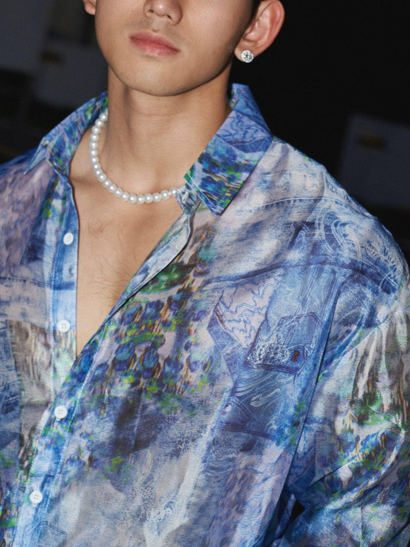 Watercolor-Style Abstract Print Button-Up Shirt