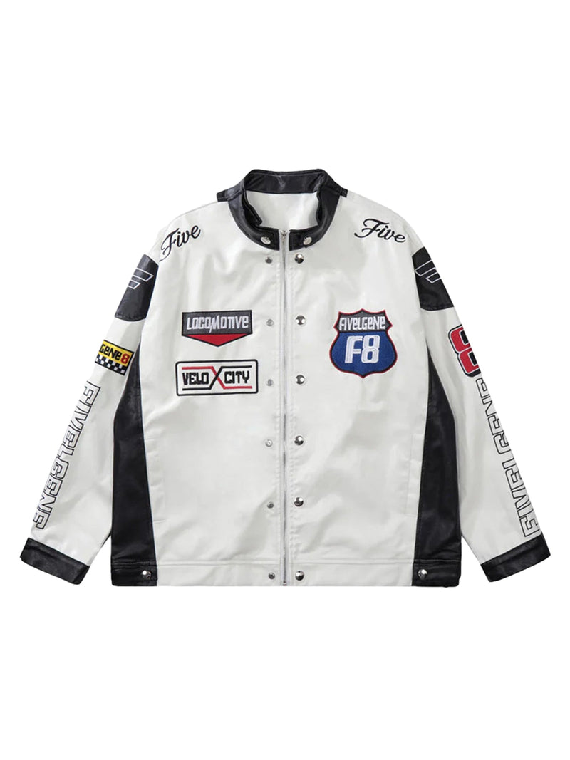 Motorcycle Colorblock PU Leather Varsity Jacket