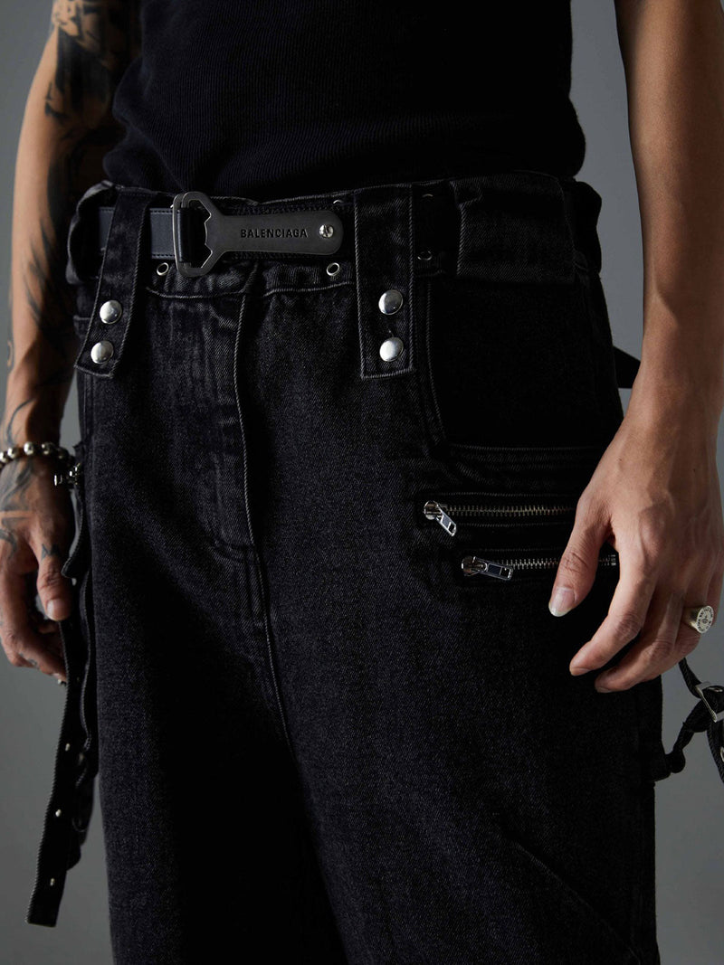 Multi-Pocket Exposed Zippers Baggy Jeans