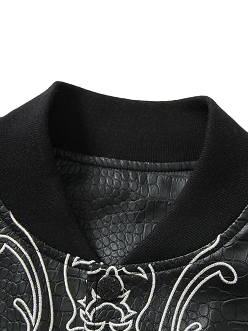 Gothic Cross Embroidery Crocodile Leather Bomber Jacket