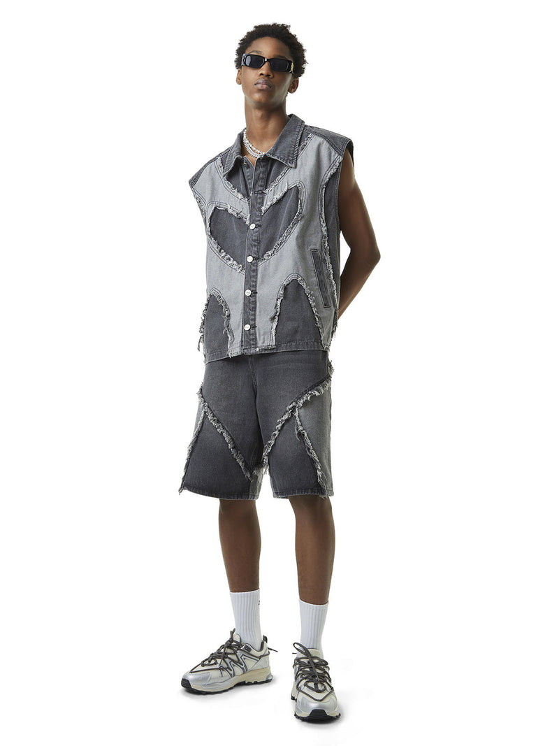 Contrast Denim Heart Stitching Street Rap Vest