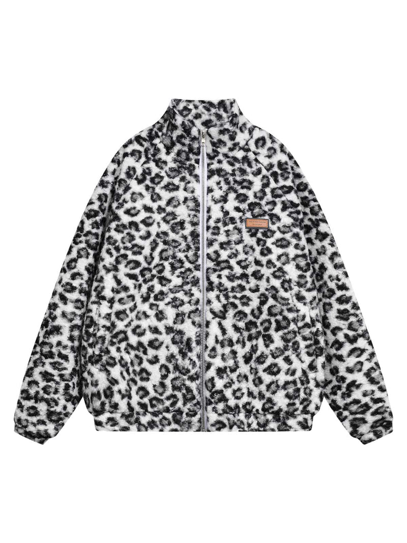 Stand Collar Cheetah Print Fleece Jacket