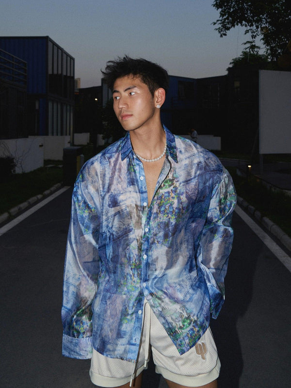 Watercolor-Style Abstract Print Button-Up Shirt