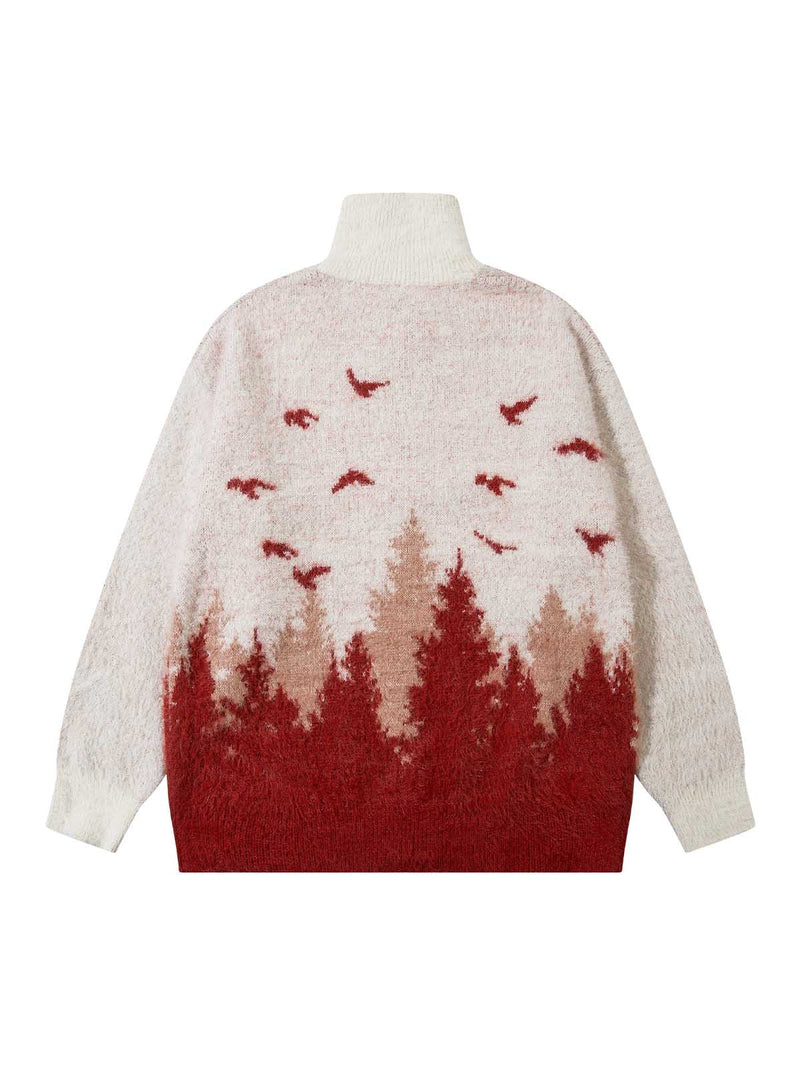 Faux Mink Fur Forest Bird High Collar Zipper Sweater