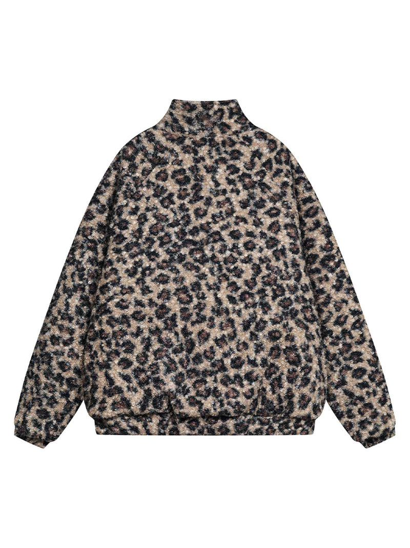 Stand Collar Cheetah Print Fleece Jacket