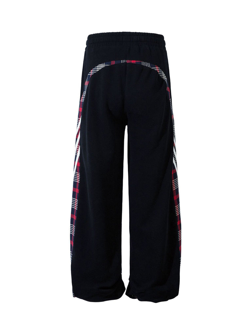 Drawstring Slash Plaid Stitching Straight Pants