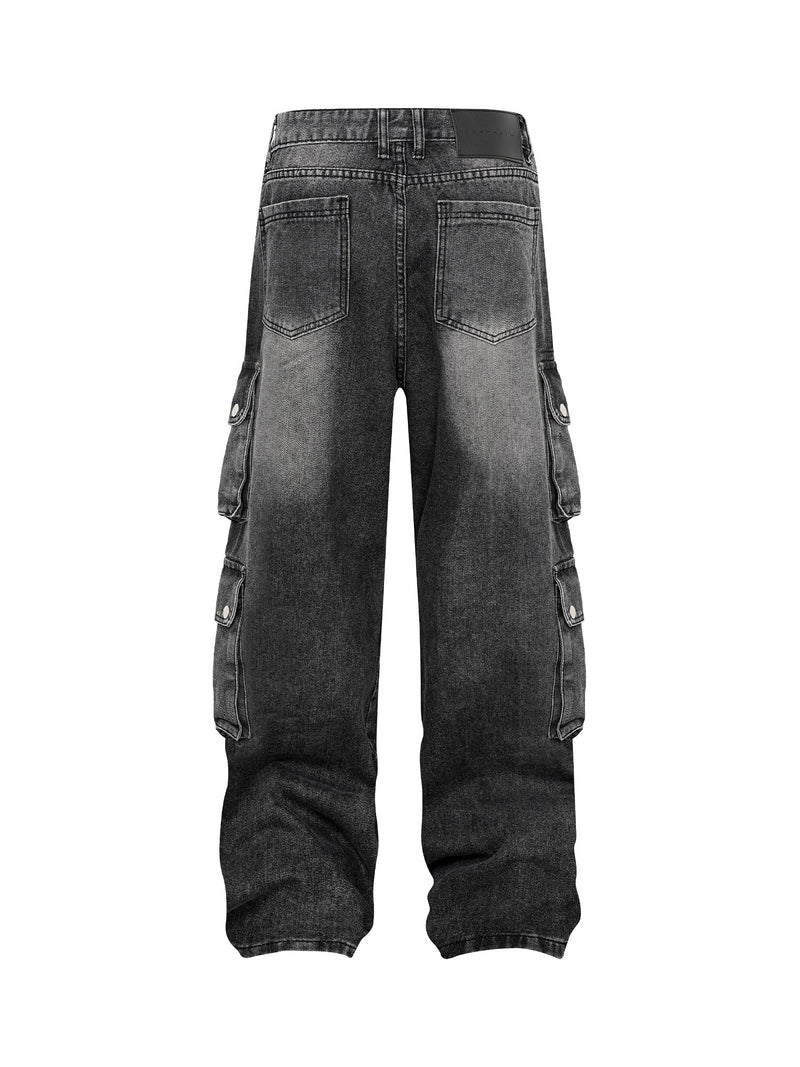 Washed Distressed Multi-Pocket Cargo Jeans