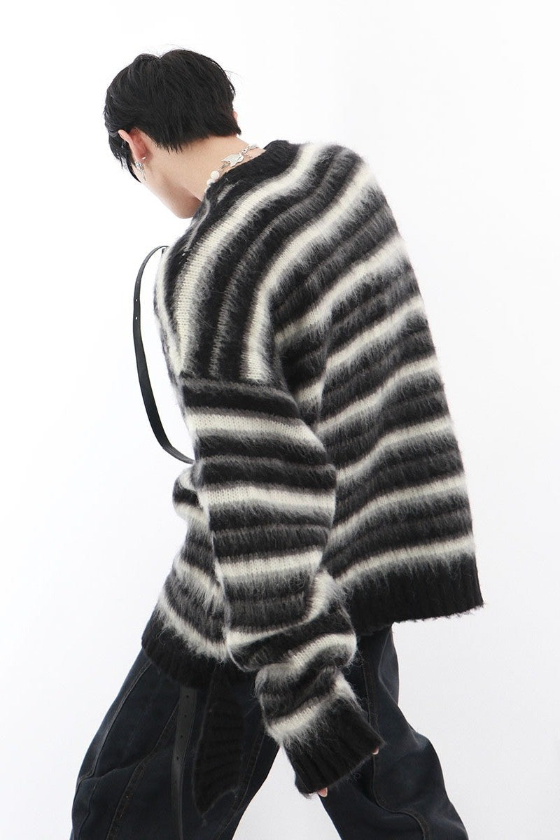 Striped Mohair Cable Knit Sweater - chiclara