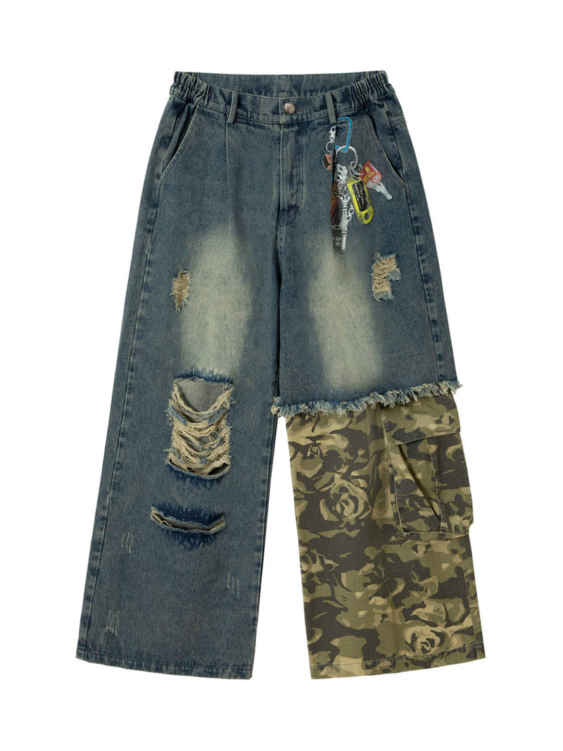 Camouflage Patchwork Workwear Straight Jeans