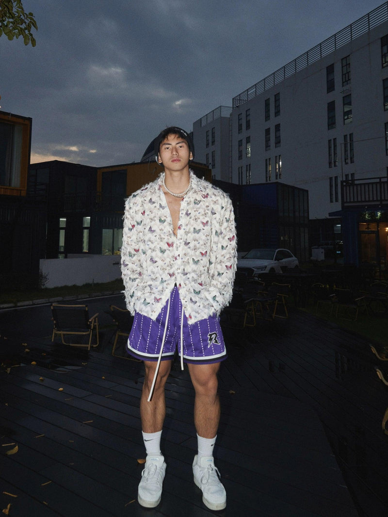 Textured White Jacket With Colorful Butterfly Pattern