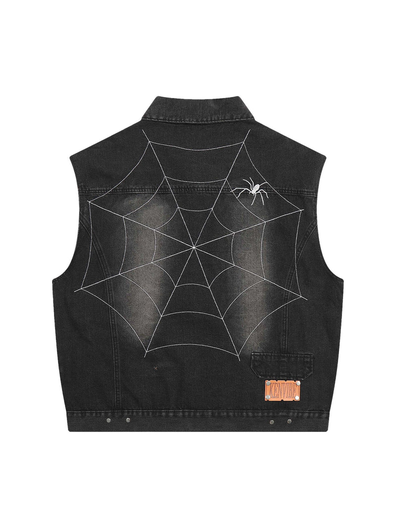 Dark Spider Letter Embroidered Denim Vest Jacket