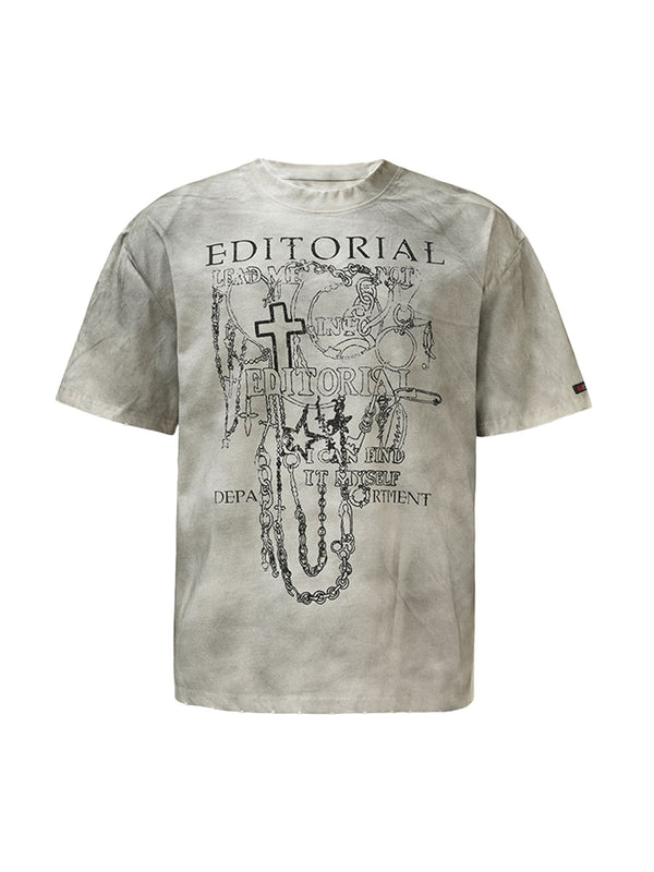 Mud-dyed Dirty Spray Cross Print Street Rap T-Shirt