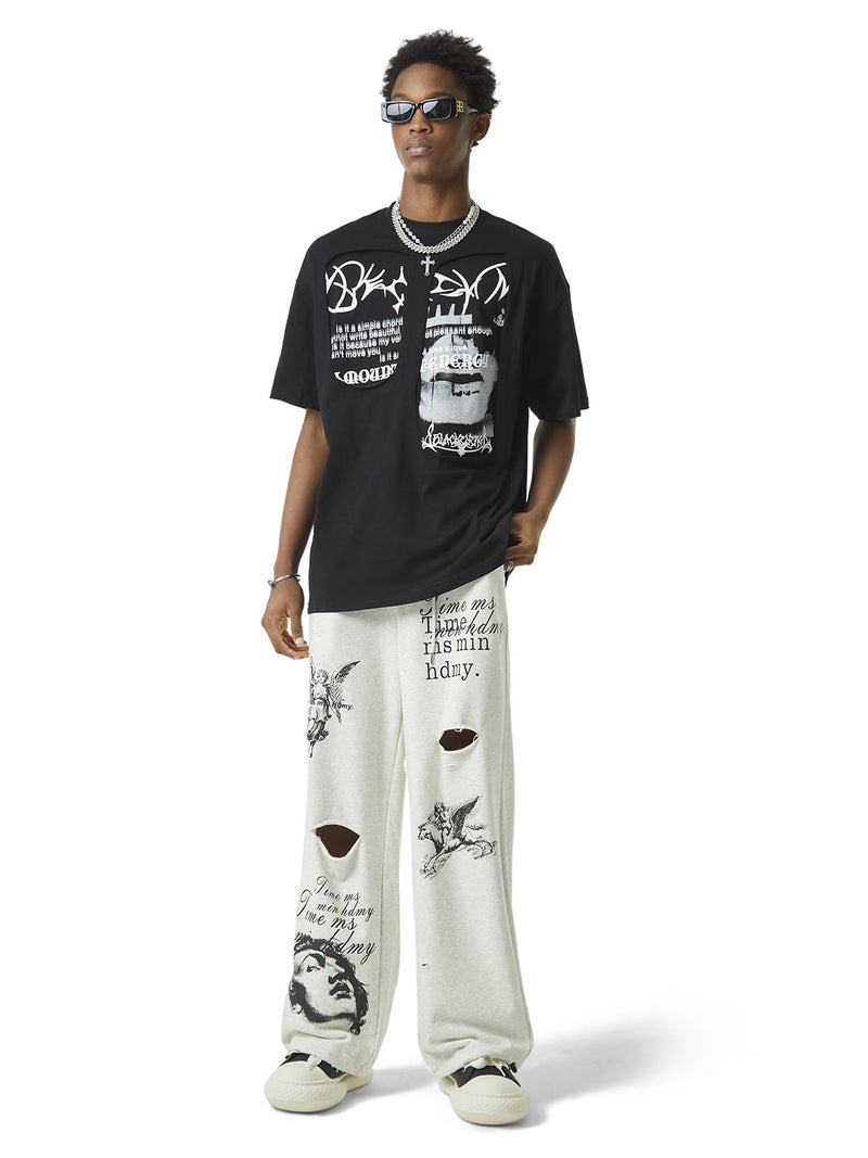 Cut Hole Angel Drawing Letter Pants