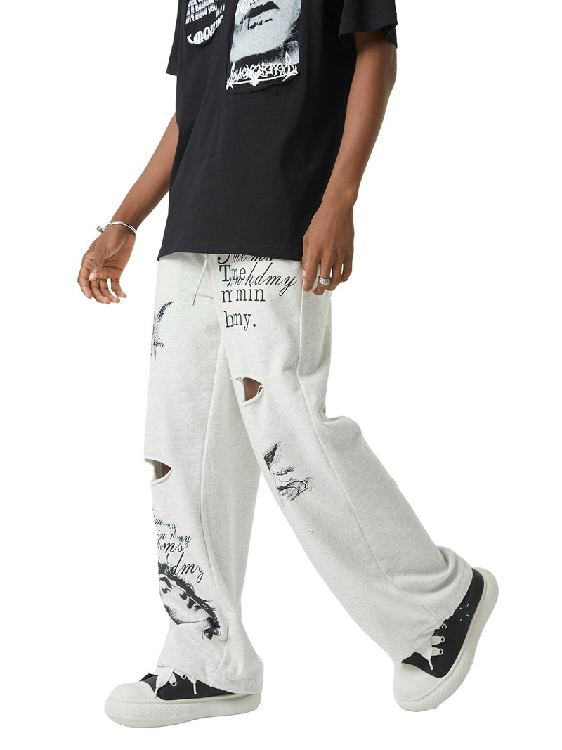 Cut Hole Angel Drawing Letter Pants