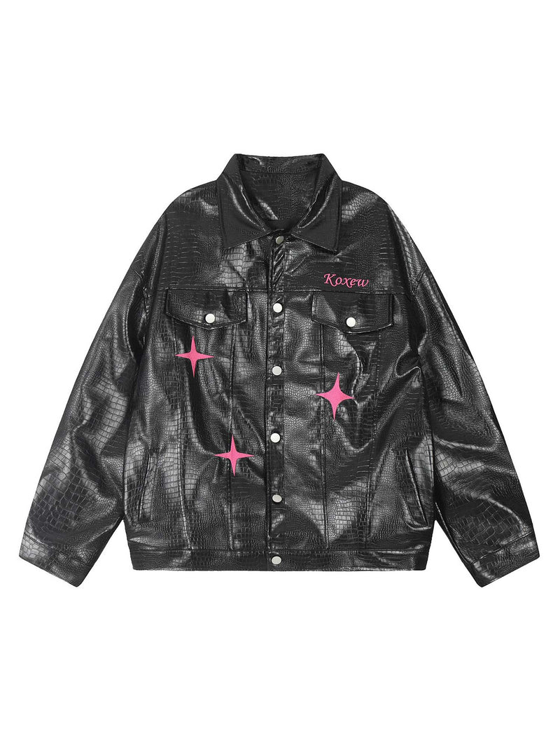 Star Embroidered PU Leather Jacket