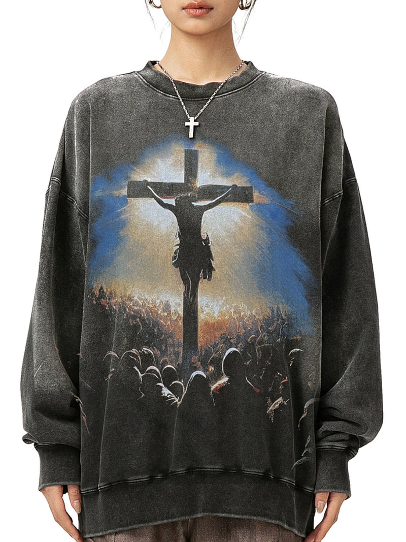 Jesus' Crucifixion Print Washed Sweatshirt