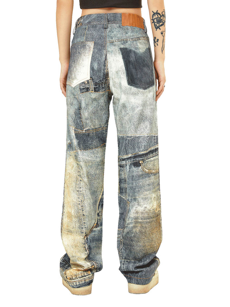 Street Hip-Hop Deconstructed Print Jeans