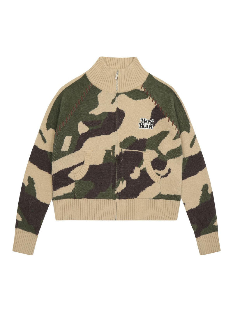 Camouflage Stand Collar Zip Up Cardigan Sweater