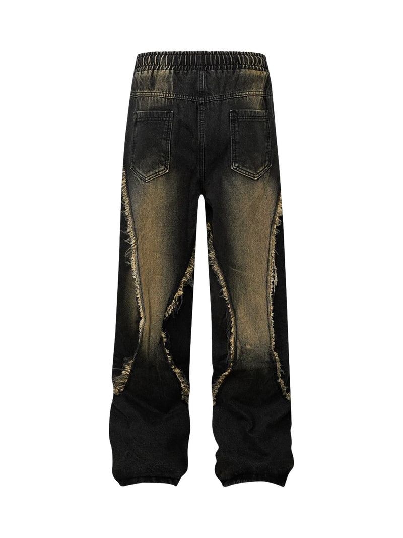 Washed Distressed Raw Edge Drawstring Jeans