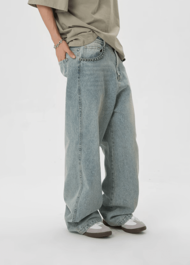 Light Wash Baggy Jeans with Beaded Pockets - chiclara