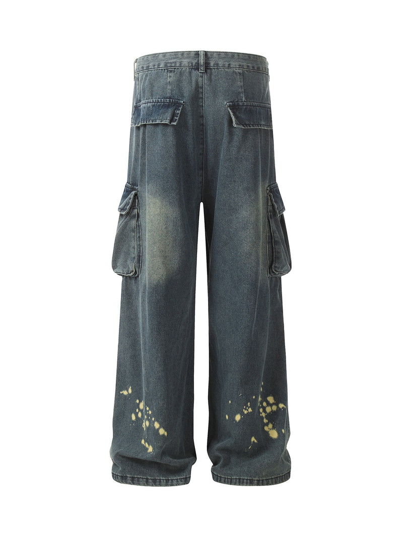 Spray-painted Reverse Pleated Cargo Jeans