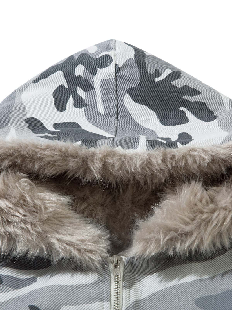 Camouflage Patchwork Fur Hooded Jacket Tracksuit