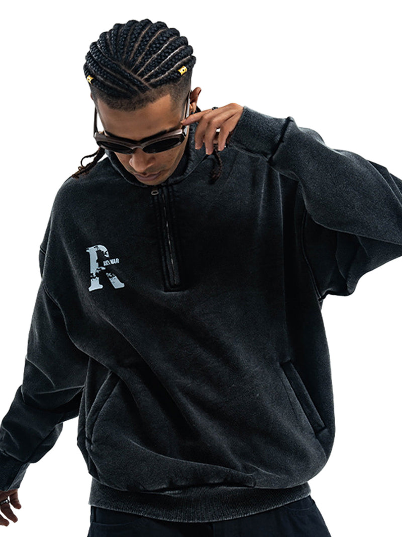 Washed Letter Half Zipper Fleece Hoodie