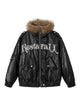 Lace Lettering Fur Hooded Leather Quited Jacket