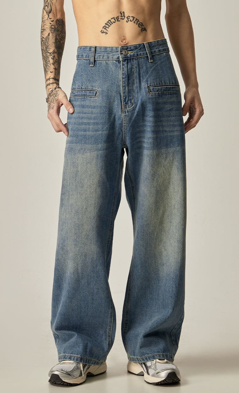 Wide-Leg Vintage Wash Carpenter-Style Jeans