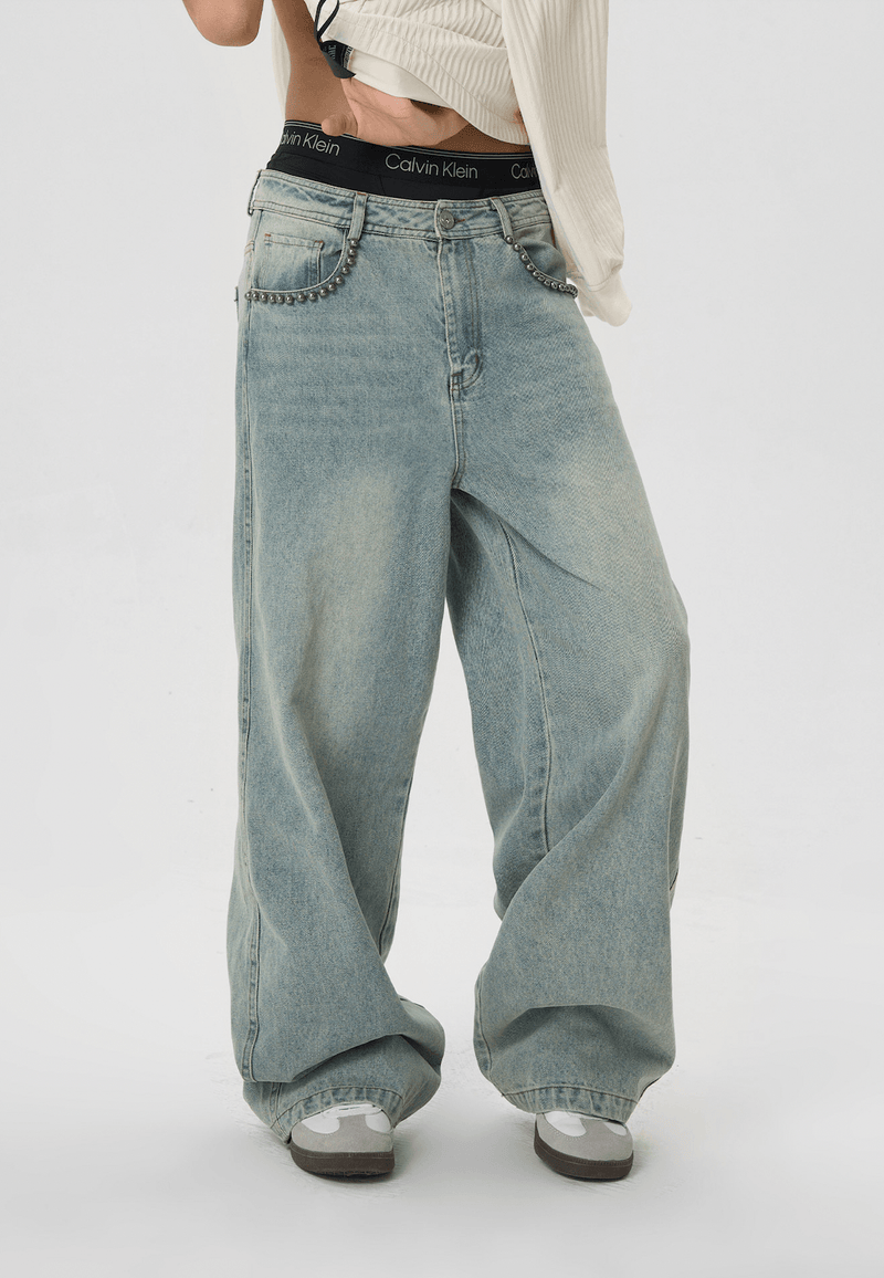 Light Wash Baggy Jeans with Beaded Pockets - chiclara