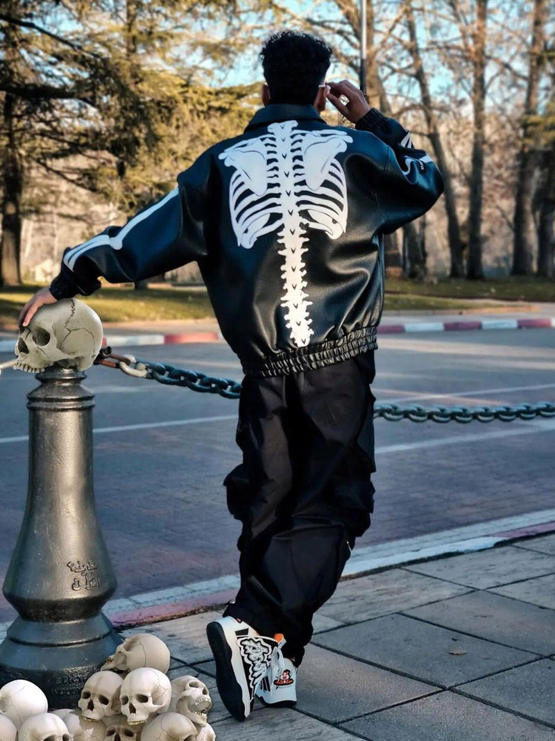 Hip Hop Bones Embroidered Leather Jacket