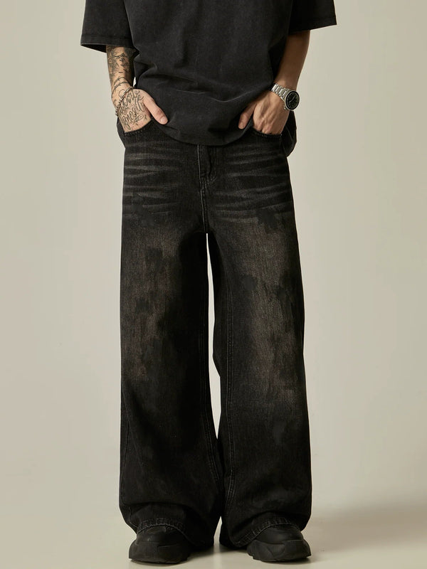 Wide-Leg Distressed Black Denim Jeans